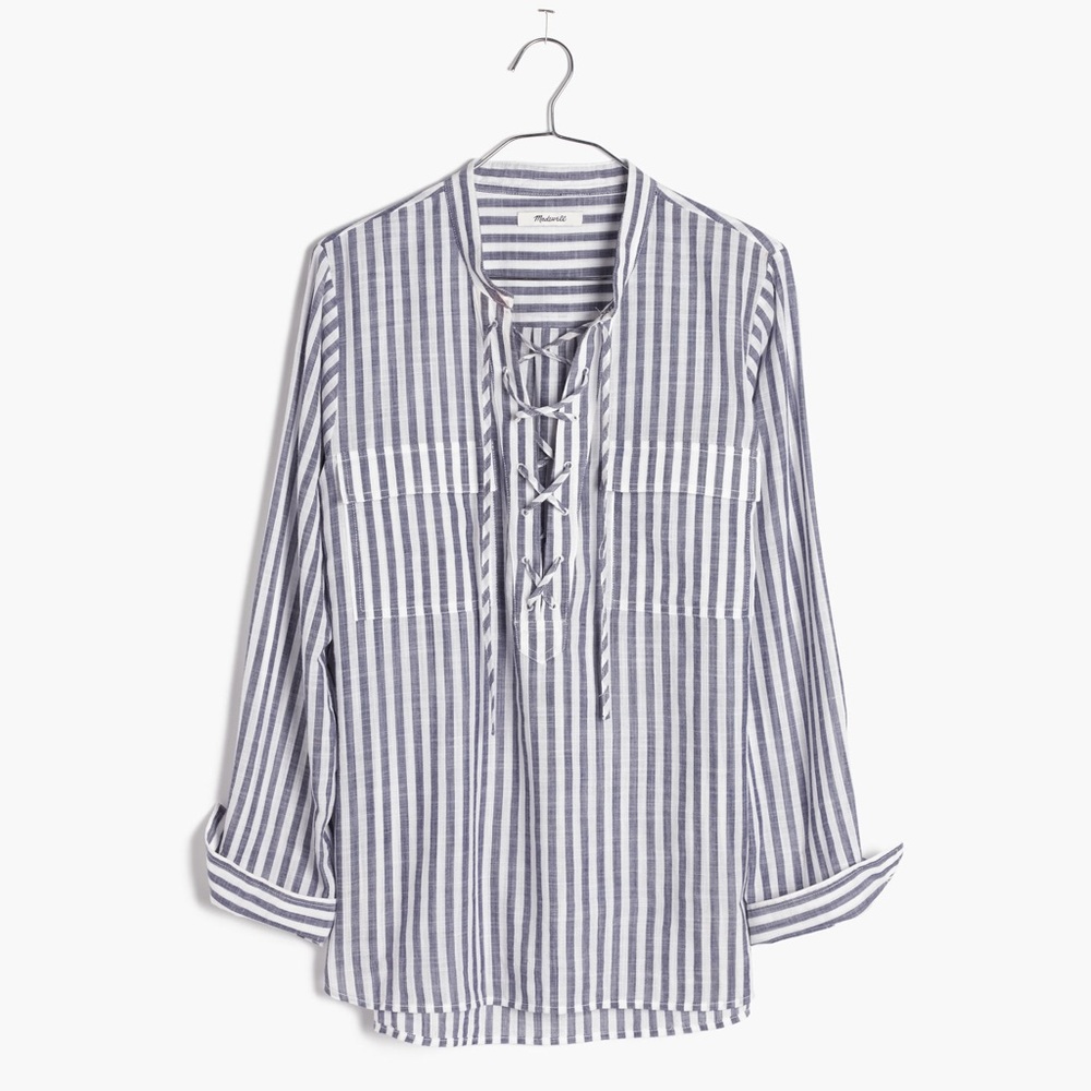 Madewell Striped Summer Pull Over Lace Up Neck